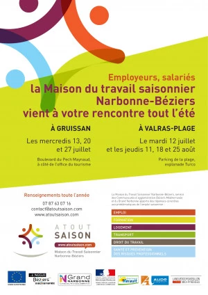 Affiche La Maison du Travail Saisonnier Narbonne-Béziers à votre rencontre tout l'été !
