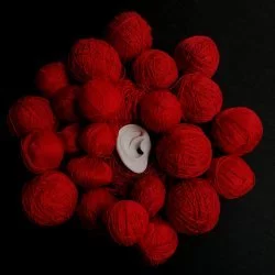 Ce qui nous lie - Oreille modelée en porcelaine, bobine de fil de coton rouge. 2021 - Juli About 
