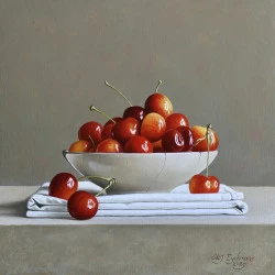 Cerises en plat Vung-Tau - Huile/panneau, 30/30 cm., 2025 - Stefaan Eyckmans 