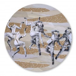 Brûler nos corps, brûler nos coeurs…et le dancefloor - Format : Tondo de 70 cm de diamètre - Techniques mixtes sur PVC. Dessin graphite et vectoriel reproduit et altéré, papiers divers, brûlures à la flamme vive - 2024 - Zabel Charrié 