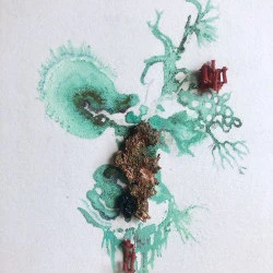 La Grande Oxydation #6 (détail) - Aquarelle au cuivre oxydé, éléments minéraux, crayon de couleur