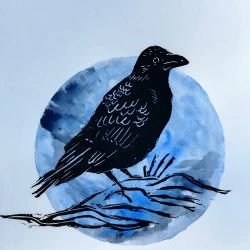 le corbeau - linogravure sur fond aquarellé - Michèle Stachak-Soulacroix 
