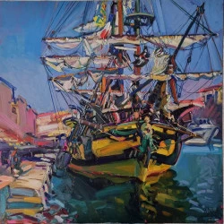 Escale à Sète de "La Grace", vaisseau tchèque. - Huile sur toile de lin. Format : 70 x 55 cm. - Alain DELMAS 