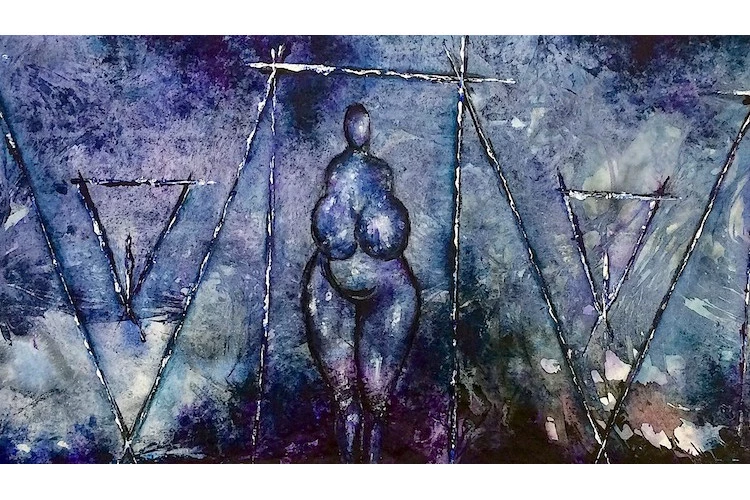 Vénus de la Mer. Puissance du Féminin. - Toile sur bois. Peinture acrylique. 135x55 - Catherine Stoll-Simon 