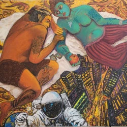 Amoureux sur un tapis volant - (2025) 130 x162 cm acrylique sur toile. Une tension entre amour, mythe, apocalypse et espoir comme une fresque de l'humanité contemporaine. - Bruno Lassalle 