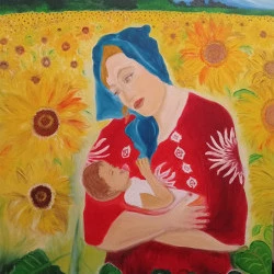 Berceuse dans les tournesols - Huile sur bois / Oil on wood panel - © ADAGP, Paris, 2025. Patricia Lackersteen 