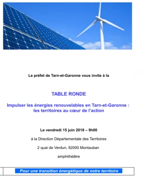 Affiche Table ronde "Impulser les énergies renouvelables en Tarn-et-Garonne : les territoires au coeur de l'action"