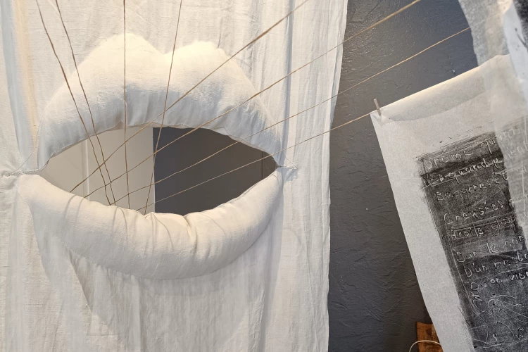 "Les Rouleaux de la Terre Vivante" installation visuelle et sonore autour de 42 poèmes - Textile et monotypes - v.cros 