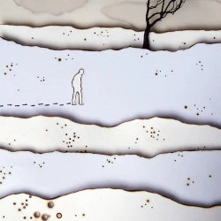 bucolique carbonique - Format 21x29,7 cm - Dessin par la brûlure - dessin par la brûlure sur papier, racine brulée, disposition par strates, sous vitrine - 2024 - Zabel Charrié 