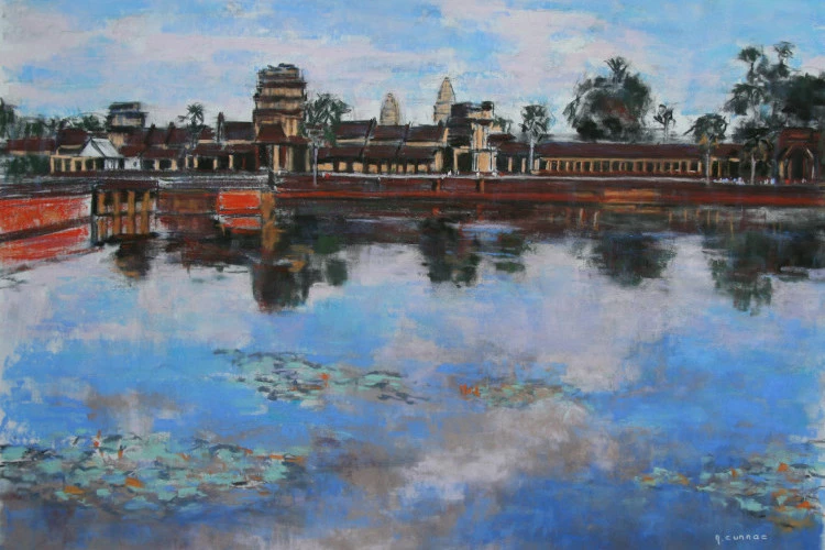Cambodge - Lumières d'Angkor Vat - Paste sec sur papier Pastelmat - Dimensions 50 x 70 cm - Annette Cunnac 