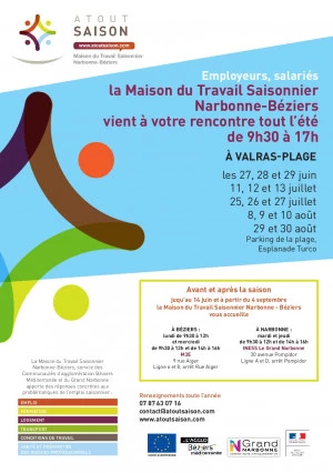 Affiche La Maison du Travail Saisonnier à votre rencontre à Valras-Plage tout l'été !
