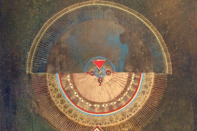 Écho - Ink, dye, acrylic, gold leaf, metal powder, on wood, with levkas ( organic glue and blanc de medon) 35x45 cm