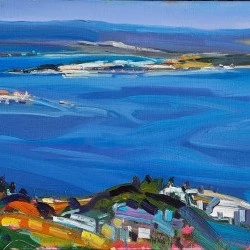 L'étang de Thau vu depuis le mont Saint-Clair. Sète. - Huile sur toile de lin. Format : 120 x 40 cm. - Alain DELMAS 