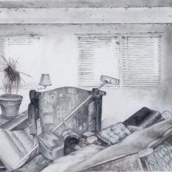 Le Salon de St Jean le Sec, - fusain sur papier Arches, 66cmX50cm, Bruxelles 2023. - sylvie melis 