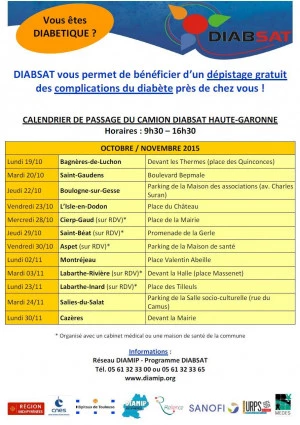 Affiche DIABSAT : campagne de dépistage des complications du diabète dans le département de la Haute-Garonne du 19 octobre au 21 décembre 2015.
