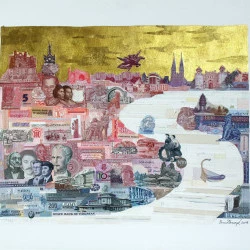 Paysage monétaire international - Paysage monétaire international : Collage de billets de banque et feuille d'or sur carton, 100 x 70 cm, année 2021 - photo Yann Dumoget ADAGP 