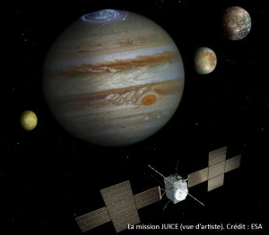 Affiche JUICE, direction Jupiter et ses lune glacées"