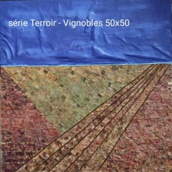 vignobles - série terroir. toile 50x50, encollage feuilles vignes. et ocres