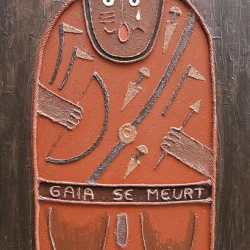 GAIA se meurt - Acrylique sur toile en lin 130/97 cm - Statues menhir à base de grès rose de Rodez, de cordes de chanvre sur toile en lin 