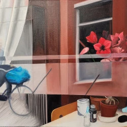 Paisible scène de rue - Peinture à l'huile sur toile, 91 x 60 cm - MFGagneraud 