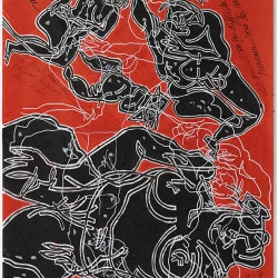 Géante Apsara n°28 / Jeanne - Apsara terminée avec ajout de fragments de textes dits par Jeanne après la séance de dessins en aveugle - 200 x 90 / encres acryliques sur film polyester - 19/04/2024 