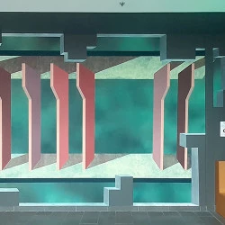 Ouverture sur l'Ether, le plateau des structurateurs - Peintures murales et impressions dos bleu à l'échelle du bâtiment, Instalation in situ dans le Hall du Parvis Scène Nationale Tarbes-Pyrénées, 2021 - Rébecca Konforti 