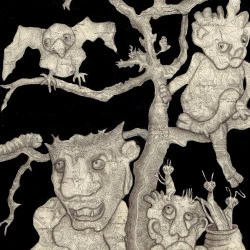 Mantes, chenille et autres bestioles - Encre de Chine sur ancienne carte IGN - Nadine Simon 