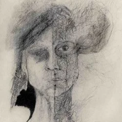 "Cambium" - graphite et ccrayon sur papier à lettre ancien, 25 x 20 cm, 2022 -– Série Les Portraits terrestres. - maria clark 