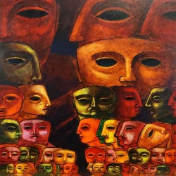 Rue et ruée - Acrylique sur médium 30x30 cm - C. Cambe 