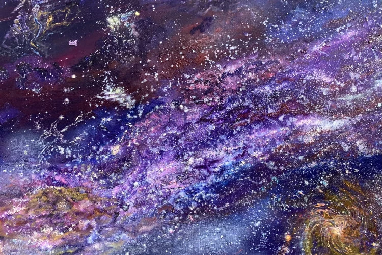 LA TÊTE DANS LES ETOILES - Huile sur lin, 120 x 80 cm. Embarquez pour un voyage au cœur de la Voie Lactée. Dans La tête dans les étoiles, Yves capture l'infini du cosmos avec des nuances profondes de violet, bleu et d'orangé. Cette œuvre évoque la danse des galaxies, la naissance des étoiles et l'énergie pure de l'univers. Chaque touche d'huile appuyée par des médiums créent reliefs et mouvements, donnant l'impression que la lumière et la matière se déplacent sur la toile. Une invitation à rêver, à lever les yeux vers le ciel et à se perdre dans l'immensité. Parfaite pour un intérieur moderne, cette toile devient un point focal, apportant grandeur et sérénité à votre espace. Conçue et réalisée pour être exposée selon les 4 orientations, la signature discrète, un simple W en forme de constellation de Cassiopée et le système d'accrochage le permettent pour maximiser le plaisir de l'observateur : 4 orientations pour 4 visions de l'univers et 4 fois plus de plaisir !