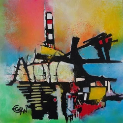 CHANTIER NAVAL - Peinture acrylique sur toile format 80 x 80 cm, style abstrait.