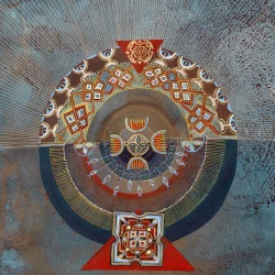 Sky like wisdom - Ink, dye, acrylic, gold leaf, metal powder, on wood, with levkas ( organic glue and blanc de medon) 35x45 cm