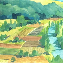 La vallée au printemps - Gouache d'un paysage de vallée alluviales bordée de champs vordoyant printaniers - Julia Badaroux 