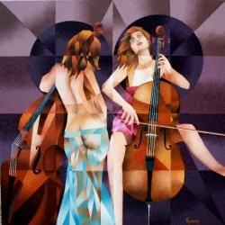 LES DEUX CONTREBASSISTES - 80/80 Huile sur toile