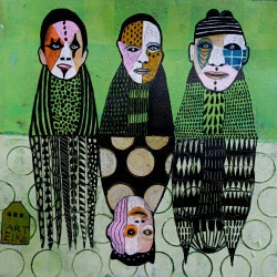 Selfie - Ink, Acrylique, posca pens, pastels gras sur papier 16x16 cm papier 80 x 120 cm - Elke Trittel 