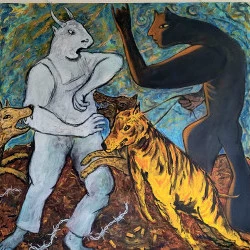 Les heures sombres - (2024) 130 X130 cm acrylique sur toile). Cette peinture évoque les tensions géopolitiques actuelles et les souffrances humaines quelles engendrent. Elle reflète aussi les luttes internes de l'humanité, tiraillée entre l'instinct animal et la raison, entre l'oppression et la liberté. - Bruno Lassalle 