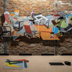 Chaises - Panneau en carreaux de céramique, fabriqué sur commande. Longueur : 3,2 m.