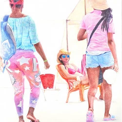 masseuses avec touriste - dessin sur papier bambou 150 x 125 (2017) - Rosario Heins 