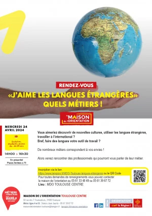 Affiche "J'aime les langues étrangères" Quels métiers ! (Scolaires, étudiants, jeunes de moins de 25 ans)