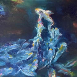PEAU BLEUE - Huile sur Toile de 50x50CM Plongée dans l'abysse. L'huile épaisse capte la fureur et la grâce d'une chasse sous-marine. Des formes bleutées, presque spectrales, se meuvent dans un ballet sauvage. Prédateurs ou proies ? La frontière est floue, laissant le spectateur interpréter le récit qui se déroule sous ses yeux. Est-ce la violence brute de la nature, la danse hypnotique de la vie et de la mort, ou une ode à la beauté sauvage de l'océan ? Laissez vos émotions vous guider dans ce monde subaquatique où la lumière et l'ombre se confondent. - Nathalie Vazquez 