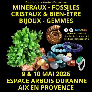 Affiche Salon Minéraux Fossiles Cristaux & Bien-Être Bijoux et Gemmes d'Aix en Provence + Exposition l'Histoire de nos Ancêtres