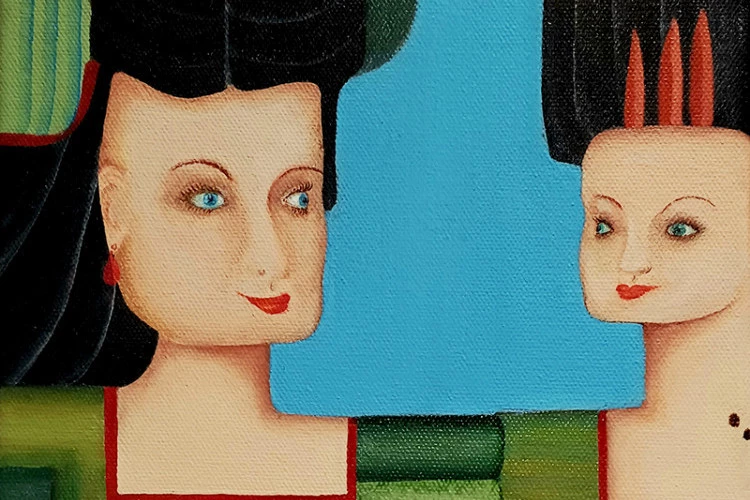 Deux Sœurs - Double portrait imaginaire, huile sur toile, 20 x 20 cm - Jeanne METTRA 