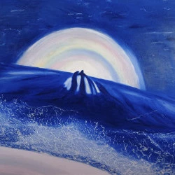 Le rêve d'une méduse - Huile sur bois - Reflet d'ombres humaines dans une mer faisant penser à la forme d'une méduse - © ADAGP, Paris, 2025. Patricia Lackersteen 