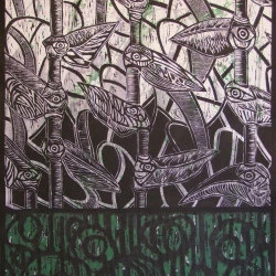 "De la cage au branchage" - gravure sur bois, impression papier 300g, non encadrée, 50x65