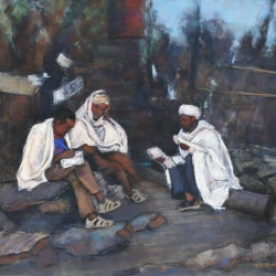 Ethiopie - Les trois sages - Pastel sec sur papier card - dimensions 59 x 74 cm - Annette Cunnac 