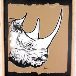 Rhinocéros - Encre et acrylique sur carton et bois. 80x80cm environ