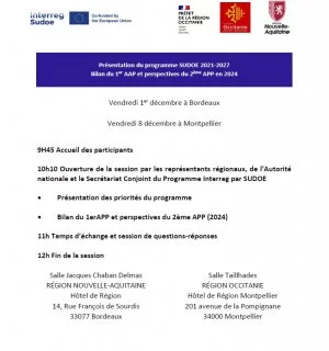 Affiche Présentation du programme SUDOE 2021-2027 Bilan du 1er AAP et perspectives du 2ème APP en 2024
