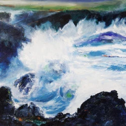 L'ÂME DES BALEINES - Huile sur toile 3D 80x60CM . « L'âme des baleines » est une huile sur toile qui capture la puissance brute et la majesté de l'océan. Les vagues se brisent contre les rochers sombres avec une énergie explosive, l'écume blanche contrastant avec les bleus profonds et les verts émeraude de l'eau. L'œuvre invite le spectateur à contempler la force indomptable de la nature et à ressentir la présence mystique des baleines, symboles de profondeur et de mystère, dont l'âme semble imprégner les flots tumultueux. Les touches expressives et la palette de couleurs vibrantes transmettent une émotion palpable, évoquant la beauté sauvage et l'immensité de l'océan. - Photo Christophe RUIZ 