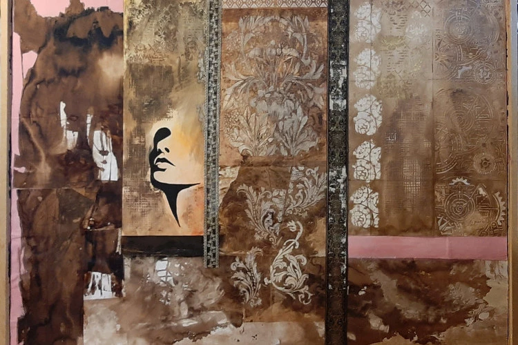 Collage 11 - Part d'Ombre et Visage de Lumière - Papiers collés, peinture acrylique Sur plaque d'isorel – cadre bois naturel Taille : 140 * 100 cm