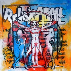 A-MALE-GAME - Illustration de jeux érotiques. Œuvre satirique, reprenant le dessin de Léonard de Vinci "l'homme de Vitruve" dans sa position caractéristique et utilisé dans un contexte érotique et dans l'esprit "Street Art". Peinture huile, acrylique, encres sérigraphie sur toile tendue sur châssis bois. Oeuvre exemplaire unique. Délivrée avec son certificat d'identification et d'authenticité. - création & photographie : CGÉAN - Titre : A-MALE- GAME 